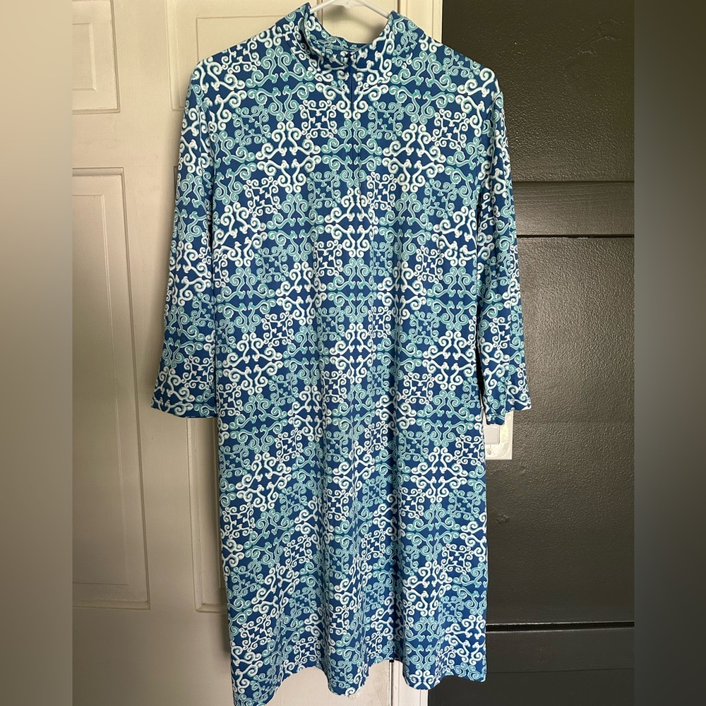 J. McLaughlin Bedford Dress Collared Fitted 3/4 sleeves zip Monaco Blue White - Picture 5 of 7